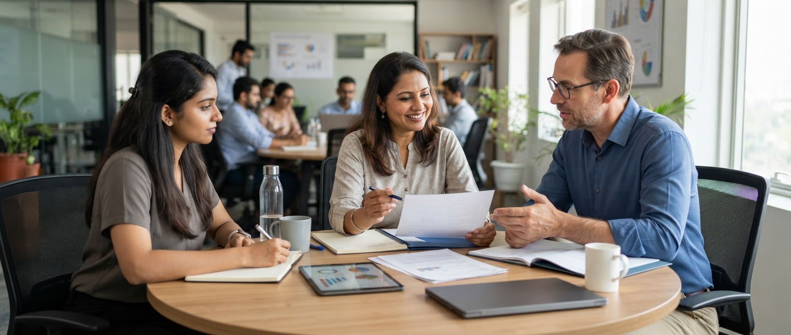 Friendly consultant smiling on the phone at a modern open-plan office desk
