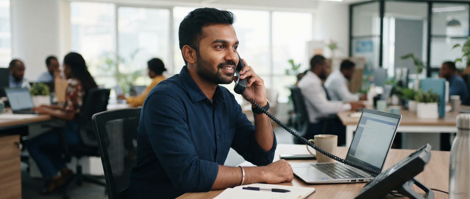 Friendly consultant smiling on the phone at a modern open-plan office desk