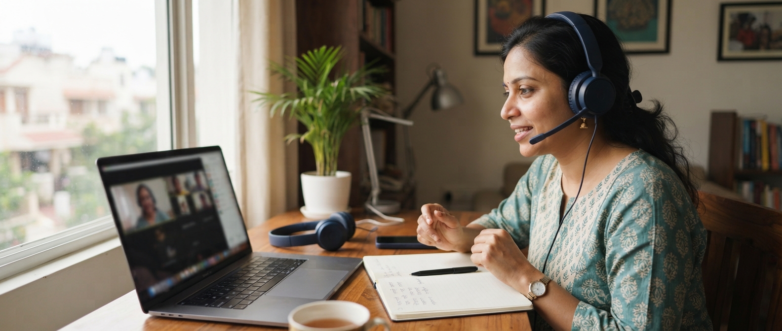 Friendly consultant smiling on the phone at a modern open-plan office desk