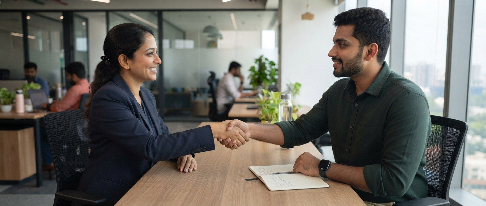 Friendly consultant smiling on the phone at a modern open-plan office desk